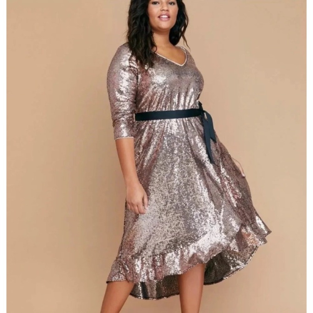 Lane Bryant Sequin Dress Women 18/20 Rose Gold V-Neck Belted Holiday Party NWT